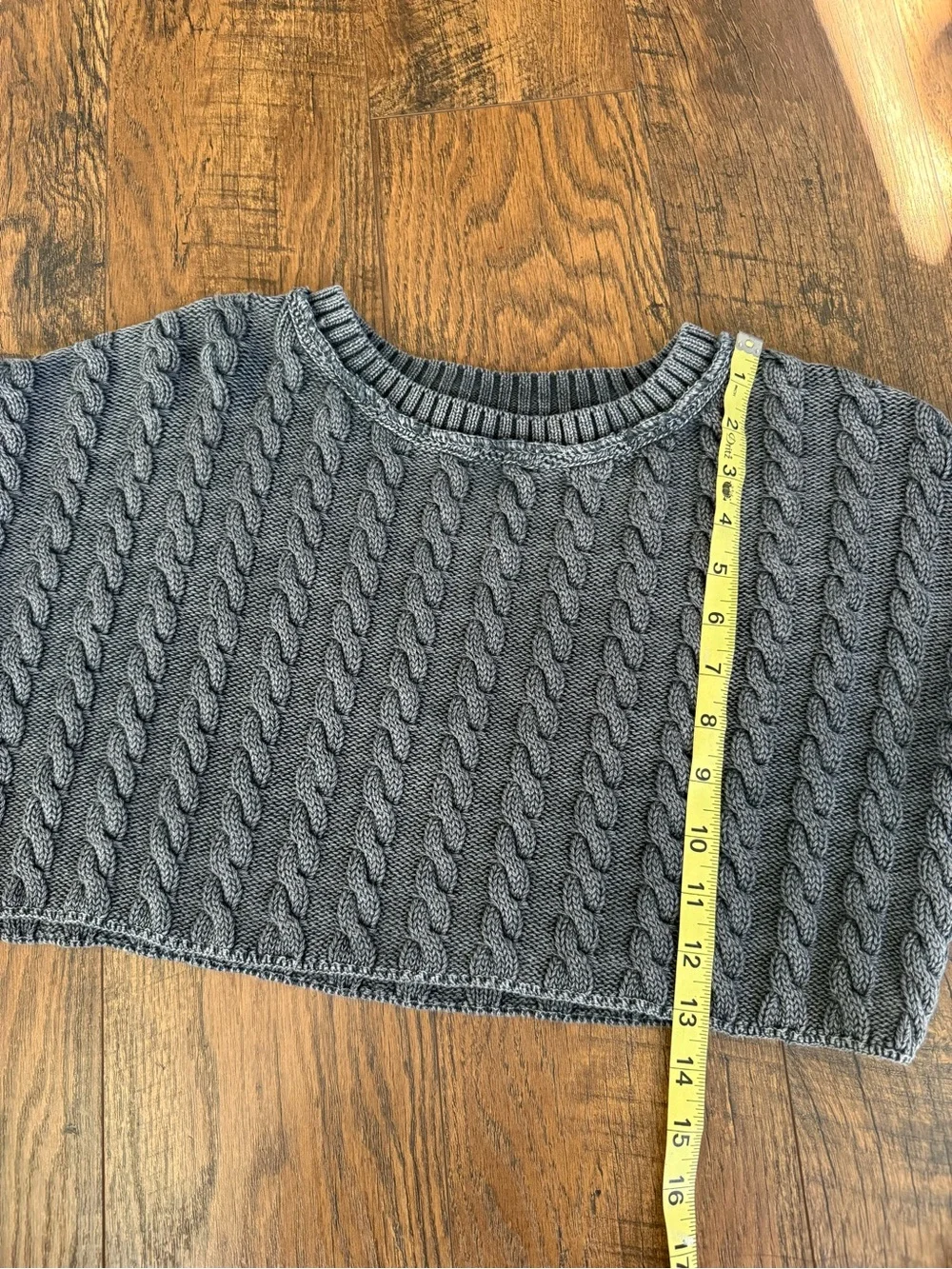 Free People Charcoal Gray Cropped Cable Knit Long Sleeve Cotton Sweater